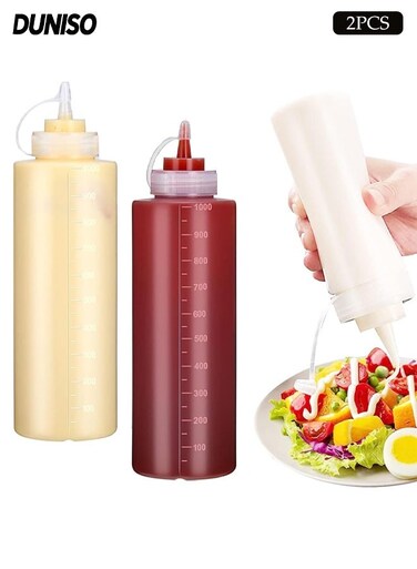 2 Pack 1000ml Plastic Squeeze Condiment Bottles, Clear Multi-purpose Sauce Dispensers for Syrup, Ketchup ,Dressing Oil and Honey,Leak proof and Portable