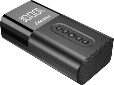 Energizer Portable Air Compressor, 4 Working Modes - Car/Bike/Motorcycle/Ball, 4 Nozzles, 6000 mAh Power Bank Capacity, LCD Display, Black