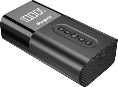 Energizer Portable Air Compressor, 4 Working Modes - Car/Bike/Motorcycle/Ball, 4 Nozzles, 6000 mAh Power Bank Capacity, LCD Display, Black