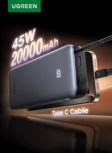 20000mAh Power Bank 45W Built-in Type C Cable Fast Charging Portable Charger Battery Pack With LED Display Bidirectional Charging Compatible with Samsung S26 S25 Ultra iPhone 17 16 Pro Max iPad