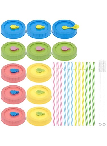 NALACAL Regular Mouth Mason Jar Lids with Straw Hole, Stoppers, Silicone Rings, and Cleaning Brush, Rust-proof, BPA-Free Plastic Canning Lids for Drinking and Food Storage (26 Pack)