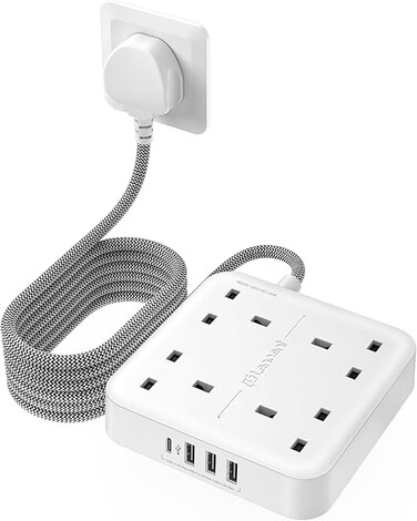 LENCENT Extension Lead with USB C Port, 4 Way Outlets Power Strip with 4 USB Ports (3.4A, 1 Type C and 3 USB-A Ports) Multi Plug Charging Station with 3M Braided Extension cord for Home Office 3250W
