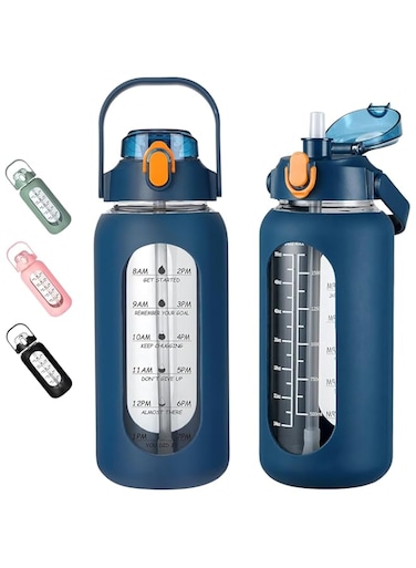 64 oz Glass Water Bottle with Time Marker - 2000ml Large Sports Water Bottles with Handle &amp; Silicone Case, Big Leak-proof Measured Drinking Bottle for Gym Fitness School Workout, Dark Blue