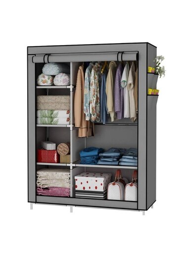 Portable Wardrobe Clothes Storage Organizer, Fabric Wardrobe for Clothing, Wardrobe with 6 Shelves and Hanging Rod, Non-Woven Fabric Cover with 4 Side Pockets