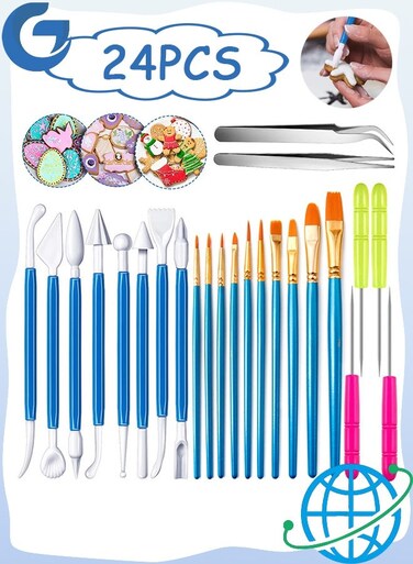 24 Pieces Cookie Decorating Fondant Cake Decorating Tool Set Include Brushes Sugar Stir Needle Fondant Modeling Tool Elbow and Straight Tweezer(Blue)