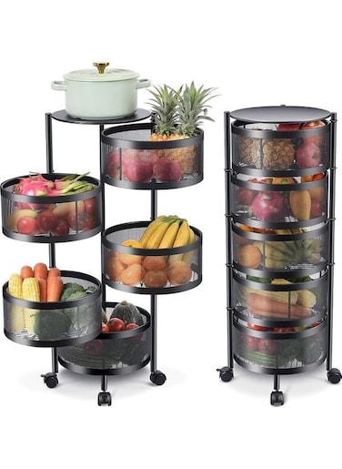 Multi-Layer Kitchen Storage Shelf Rotatable Steel Rack with 5 Layer Movable Wheels Fruit Vegetable Snack Organizer Stand Black 360 Degree Rotating Floor Rack Multi-Functional Round Basket Storage