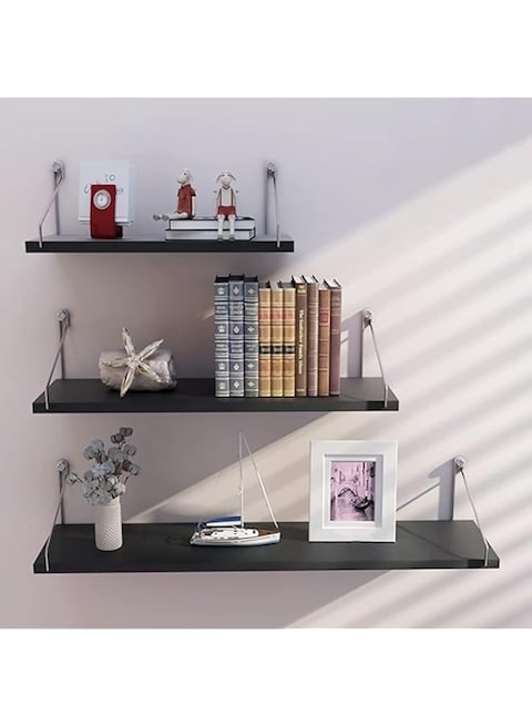 FALAHOM 3 Set Floating Shelves, Rustic Wooden Shelf with Metal Brackets for Wall Decor,No Drilling 2 Way of Wall Mounted Shelves,for Storage Hanging Shelf for Bathroom Living Room Kitchen (Black)