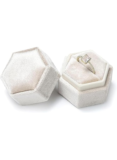 Tazweeq Velvet Ring Box, Vintage Hexagonal Fine Jewelry Display Gift Box with Removable Lid for Wedding, Proposal, Engagement (Beige, 1 Slot)