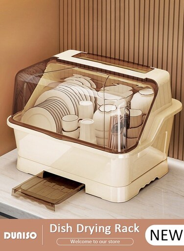 Dish Drying Rack with Lid, Large Dish Rack for Kitchen Cabinets, Plastic Dish Drainer with Drainboard Tray, Kitchen Plate Cup Tray Cutlery Drainer, Space Saving Kitchen Countertop Organizer, Dustproof Nursing Baby Bottle Drying Rack Storage Box