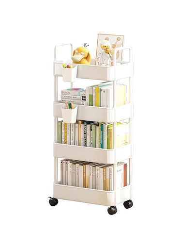 OYDAS 4-Tier Plastic Rolling Utility Cart with Handle, Multi-Functional Storage Trolley for Office, Living Room, Kitchen,Bathroom,Movable Storage Organizer with Wheels&amp;Hooks (White-4 Tier)