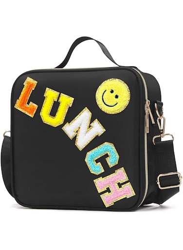LOKFAR Insulated Lunch Bag Women Lunch Box Kids for Teen Girls Boys, Cute Preppy Lunch Boxes With Adjustable Shoulder Strap, Waterproof Nylon Lunchbox Lunch Bags for School Work Picnic (Black)
