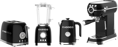 Radoco Retro Breakfast Set, Kettle 1.7L, 2-Slice Toaster, Espresso Machine, Blender, Stainless Steel, Black