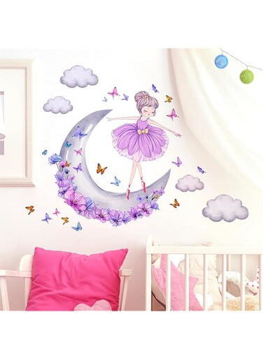 sacinora Lovely Purple Moon Girl and Clouds Butterfly Wall Stickers, Art Wall Decals Removable Vinyl Peel and Stick for Nursery Kids Baby Living Room Children's Room Bedroom Decorations