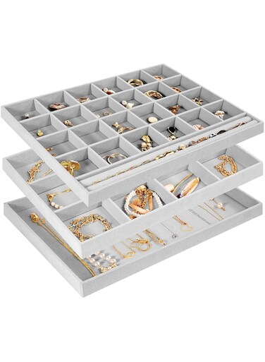 ProCase 3 Set Jewelry Trays Stackable Organizer for Drawer Vanity Dresser, Jewelry Display Storage Tray for Ring Necklace Earring Watch with Removable Dividers -Grey