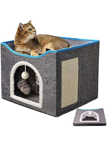 NeoStyle Foldable Cat House with Scratcher,Cat Bed for Indoor Cats,Cat Nest,Foldable Cat Cube Cave,Large Pet Play House with Fluffy Ball Hanging,Scratch Pad(new, grey)