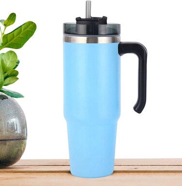 Insulated Stainless Steel Travel Mug 30oz (900ML) with Handle, Straw &amp; Lid, Double Wall Vacuum Tumbler, Leak Resistant Coffee Cup, Car Cup Holder Friendly, Keeps Drinks Hot &amp; Cold for Travel, Office Blue
