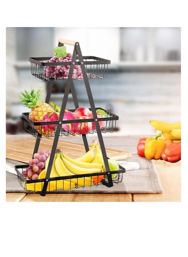 Countertop Fruit Basket, 3 Tier Metal Storage Rack with Wooden Handle for Fruit Vegetable Bread Snack Organizer, Portable Iron Wire Fruit Bowl/Stand/Holder for Kitchen Dining Room Living Room (Black)