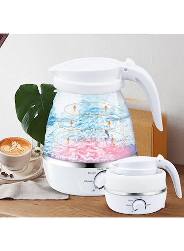 Excefore Collapsible Kettle Portable, Travel Kettle Lightweight for Campervan, 0.6L Folding Electric Camping Kettle, Mini Silicone Foldable Kettle for Bedroom (White)