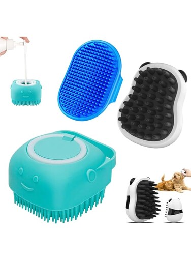 KWSLIN 3 Pack Dog Shampoo brush, Dog Scrubber for Bath, Washing Brush Scrubber with Adjustable Ring Handle, Pet Bath Massage Brush with Soap and Shampoo Dispenser for Long Short Haired Dogs Cats