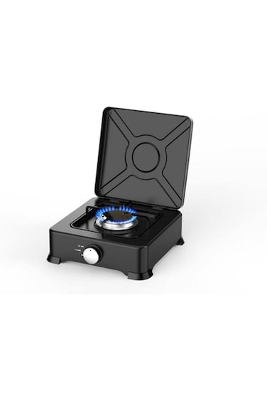 Portable Single Burner Gas Stove, Compact Camping Cooker with Lid, Black