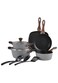 East 10 Piece Cookware Set Aluminum Pots And Pans, Non-Stick Surface with Wood Finish Handles, 1x24cm Frypan, 1x28cm Grillpan, 1x20cm Saucepan, 1x20cm Casserole with Tempered Glass Lid, 1x24cm Casserole with Tempered Glass Lid, Ladle, Skimmer and Slotted - Dark Grey
