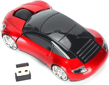 2.4GHz Wireless Car Mouse, 3D Sport Car Shape Ergonomic Optical Gaming Mice with USB Receiver, Racing Car Shape 1600 DPI Computer Mouse with LED Light for PC Laptop Computer (Red)