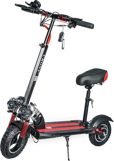 كروني سكوتر كهربائي V10 برو للبالغين والاطفال، نظام تعليق مزدوج وفرامل مزدوجة، مصابيح امامية LED ثلاثية ومصابيح قاعدة LED، سرعة 45-68 كم/ساعة، سكوتر الكتروني للطرق الوعرة 10 انش، احمر