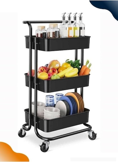 3-Tier Utility Rolling Cart With Handle Multifunction Storage Removable Storage Trolley Kitchen And Bathroom Home Storage Organizer Black Colour