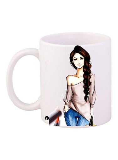 Animated Girl Printed Coffee Mug White/Blue/Brown 11ounce