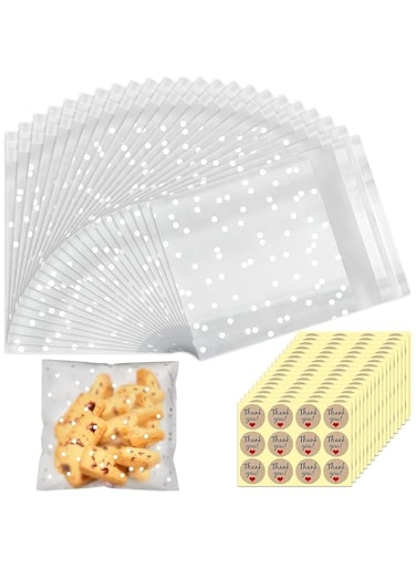 200 Pcs 10 X 10 cm Clear Cookie Cake Biscuit Polka Dot Opp Bags, Small Cellophane Plastic Sweet Bags, Self Seal Cookie Packaging Wrapper Bags, Clear Self Adhesive Bags, Diy for Food Biscuit Candy Bags