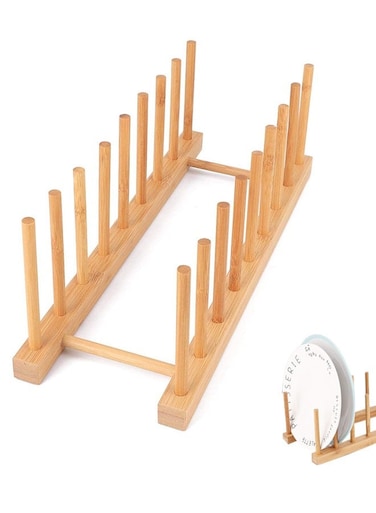 Bamboo Wooden Dish Rack, Plate Rack Stand Pot Lid Holder, Kitchen Cabinet Organizer for Cup, Cutting Board, Bowl, Drying Rack and More 8 Slots