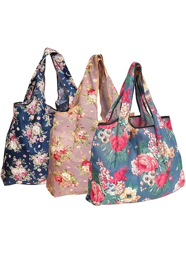 allydrew Large Foldable Tote Nylon Reusable Grocery Bag, 3 Pack, Classic Floral