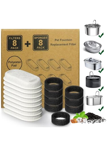 KANCHOU Cat Water Fountain Filters,16 Pack Cat Fountain Replacement Filters for Stainless Steel 67oz/2L Adjustable Water Flow Pet Water Fountain,Dog Water Fountain (8+8 Pack)