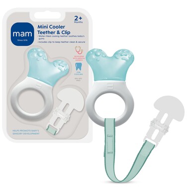 MAM Mini Cooler Teether With Clip, Boy, 2+ Months, 1-Count, White/Blue