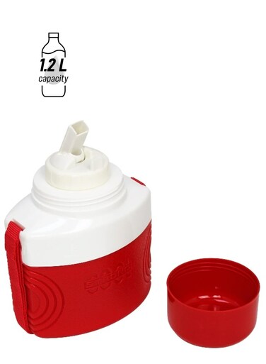 1.2L Plastic Water Bottle with Strap Red and White Kids Water Bottle Cool Strong Portable Canteen Jug with Cup Lid and Pop Up Spout for School Sports and Travel