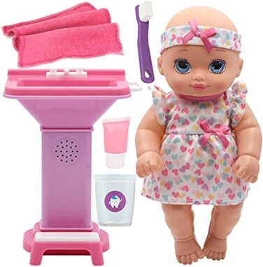 Baby Maziuna 10 Inches Doll Brush &amp; Clean Set, Press Sink For 4 Sounds, Removable Clothes, Includes Washbasin, Toothbrush, Toothpaste, Cup, Pretend Play Spa Routine For Kids Ages 2+