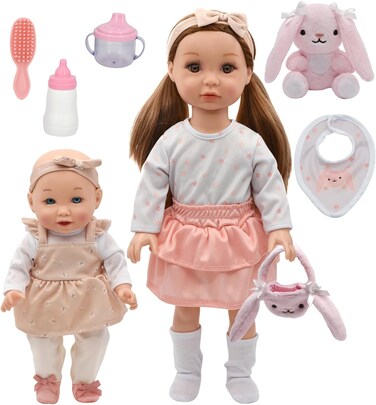Baby Maziuna Sweet Sisters Dolls 18 &amp; 12 Inches Baby Doll Set with Sounds &amp; Accessories- Pretend Play Family Toys For Kids &ndash; Press Tummy To Activate Sound &ndash; 2 Assorted Styles