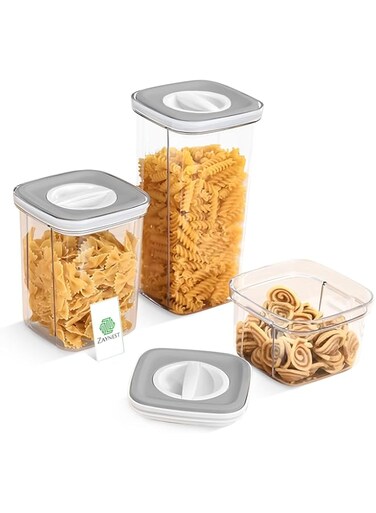 ZAYNEST Food Storage Container (Set of 3) - Airtight Cereal &amp; Dry Food Canisters w/Rotating Lids, Stackable Design, BPA-Free, Leak-Proof Kitchen Organizer For Flour, Sugar, Nuts (Gray Lid)