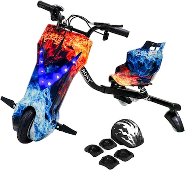 Crony JL009 8 Inch Kids Electric Drift Trike - 3-Wheel Drift Scooter With LED Lights, Bluetooth, 36V And 3-Speed Modes For Ultimate Fun, Max Load 70 KG, Shock-Absorbing Seat Cushion (Red &amp; Blue fire)