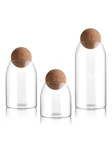 3-Piece Glass Food Storage Jar With Round Ball Cork Lid Clear 1200ml