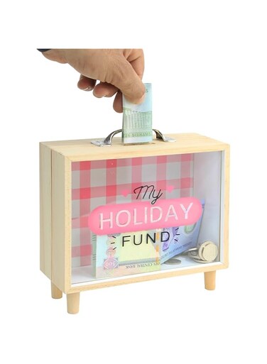VITION Piggy Bank for Adults, Money Box Coin Money Bank Decorative Shadow Box Wooden Frame Natural Wood (My Holiday Fund)