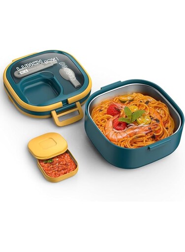 ALMEKAQUZ Stainless Steel Bento Box,Leak-Proof,1-Tier Bento box,Lunch Box With Portable and Cutlery Tableware-Ideal Portion for Students/Kids/Toddler-BPA-Free,Dishwasher Safe,over 3 Years Old(Blue)