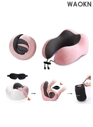 Travel Pillow 100% Memory Foam Pillow, Neck Pillow for Airplane, Neck &amp; Head Support Pillow for Sleeping Rest &amp; Car, Travel Pillows Kit with Storage Bag, Sleep Mask and Earplugs &iuml;&frac14;&circ;Pink&iuml;&frac14;&permil;