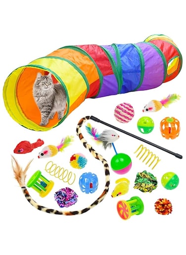 Nnewvante 20 PCS Cat Kitten Toys Set, Collapsible Cat Tunnels for Indoor Cats, Interactive Cat Feather Toy Fluffy Mouse Crinkle Balls Toys for Cat Puppy Kitty Kitten Rabbit (A-Rainbow)