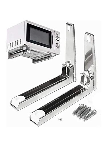 MEETOZ Universal Stainless Steel Microwave Mount Bracket，Support Frame Steel Foldable Stretch Shelf Rack Microwave Oven Wall Mount Bracket Stainless Silver