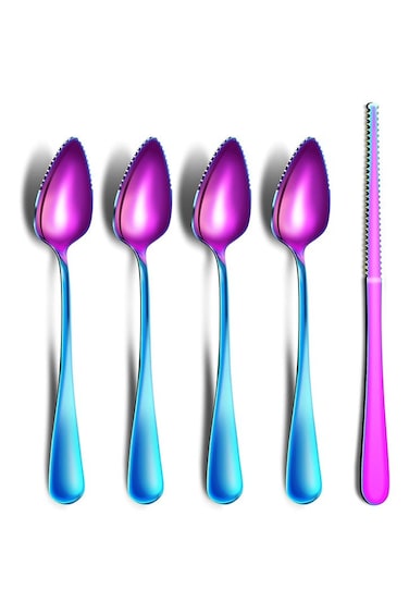 Spoons &amp; Grapefruit Knife, Stainless Steel Grapefruit Utensil Set, Serrated Edge &amp; Thick Gauge Handle, Rainbow Kitchen Tool with Non-stick Plating for Kiwi, Dessert, Apple