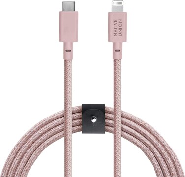 Native Union Belt Cable XL - 10Ft Ultra-Strong Reinforced Durable USB-C To Lightning [MFI Certified] Charging Cable With Leather Strap Compatible With iPhone/iPad (Rose)