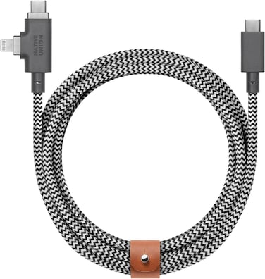 Native Union Belt Cable Duo Pro 240W - 8Ft Ultra-Strong Braided Universal Charging Cable - Made With Recycled Materials - 2-In-1 MFI Certified Connectors For Lightning &amp; Type-C Devices (Zebra)