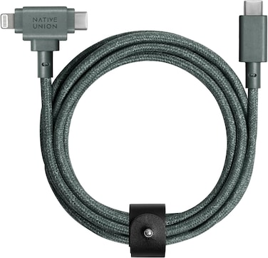 Native Union Belt Cable Duo - 5Ft Ultra-Strong Braided Universal Charging Cable - Made With Recycled Material - 2-In-1 Multi-Device MFI Certified Connector For Lightning &amp; Type-C Devices (Slate Green)