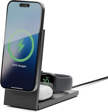 شاحن لاسلكي مغناطيسي 3 في 1 من Native Union Rise - معتمد من Qi2 وMagsafe - حامل شحن سريع 15 وات لأجهزة iPhone 16/15/14/13 مع وظيفة شحن لسماعات Airpods (Pro) وApple Watch (أسود)